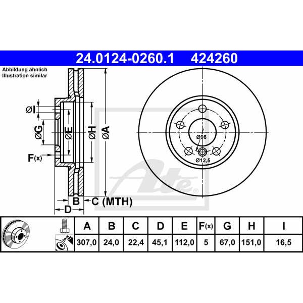 Слика на кочионен диск ATE 24.0124-0260.1 за Mini Clubman (F54) Cooper S ALL4 - 163 коњи бензин