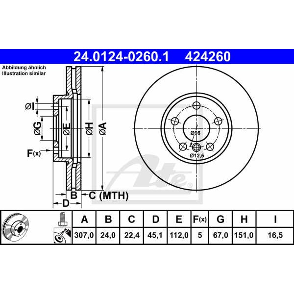 Слика на кочионен диск ATE 24.0124-0260.1 за Mini Clubman (F54) Cooper SD - 163 коњи дизел