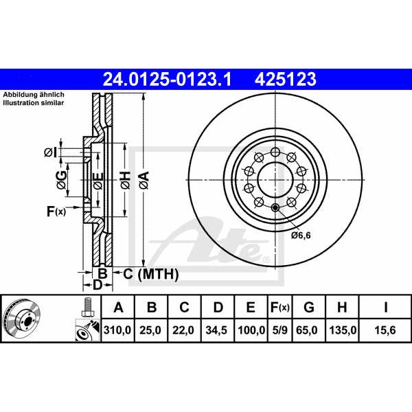 Слика на кочионен диск ATE 24.0125-0123.1 за VW Jetta 4 (1J2) 1.8 T - 180 коњи бензин