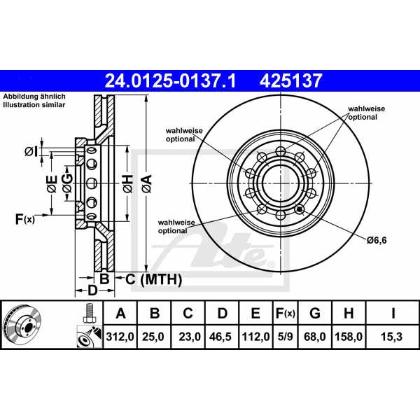 Слика на кочионен диск ATE 24.0125-0137.1 за Seat Exeo ST (3R5) 1.6 - 102 коњи бензин