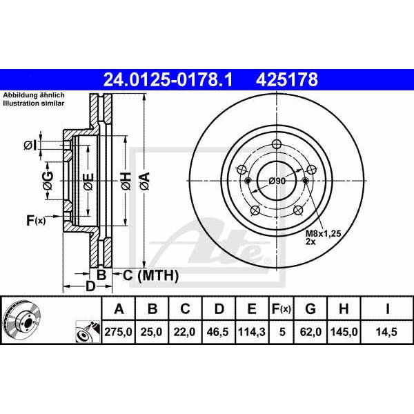 Слика на кочионен диск ATE 24.0125-0178.1 за Toyota RAV4 3.5 VVTi 4WD - 273 коњи бензин