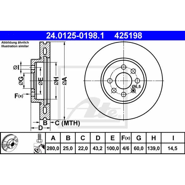 Слика на кочионен диск ATE 24.0125-0198.1 за Opel Astra H Estate 1.7 CDTI - 125 коњи дизел