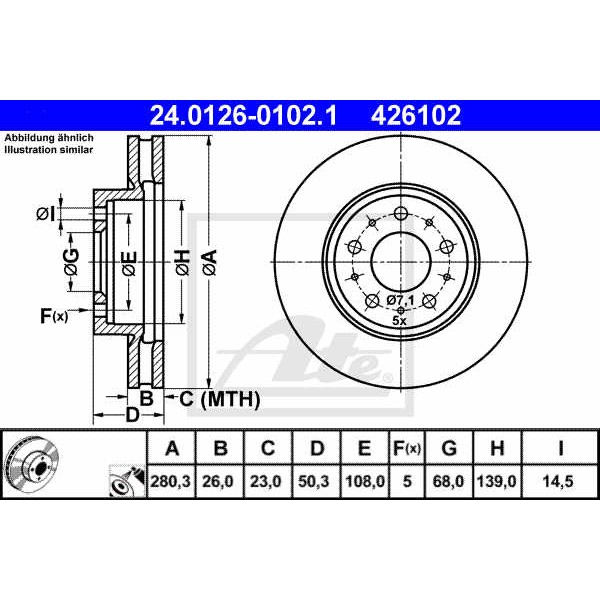 Слика на кочионен диск ATE 24.0126-0102.1 за Volvo V70 Estate (P80) 2.0 Turbo - 226 коњи бензин