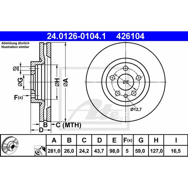 Слика на кочионен диск ATE 24.0126-0104.1 за Lancia Zeta (220) 2.0 16V (220AL5) - 132 коњи бензин