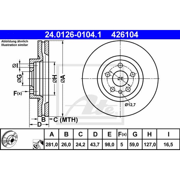 Слика на кочионен диск ATE 24.0126-0104.1 за Peugeot 806 2.1 td 12V - 109 коњи дизел