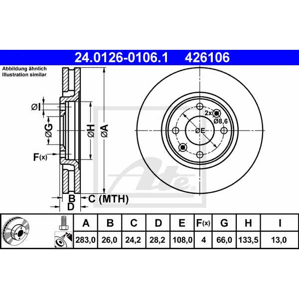 Слика на кочионен диск ATE 24.0126-0106.1 за Peugeot 406 Saloon 2.0 HDI 90 - 90 коњи дизел