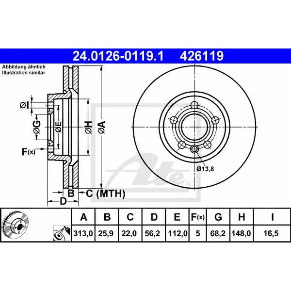 Слика на кочионен диск ATE 24.0126-0119.1 за VW Transporter T4 Bus 2.4 D - 78 коњи дизел