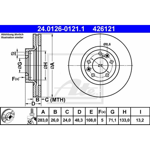 Слика на кочионен диск ATE 24.0126-0121.1 за Peugeot 407 SW 2.0 HDi 135 - 136 коњи дизел