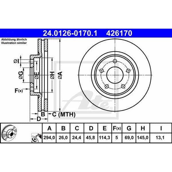 Слика на кочионен диск ATE 24.0126-0170.1 за CHRYSLER SEBRING Sedan 2.7 VVT - 192 коњи бензин