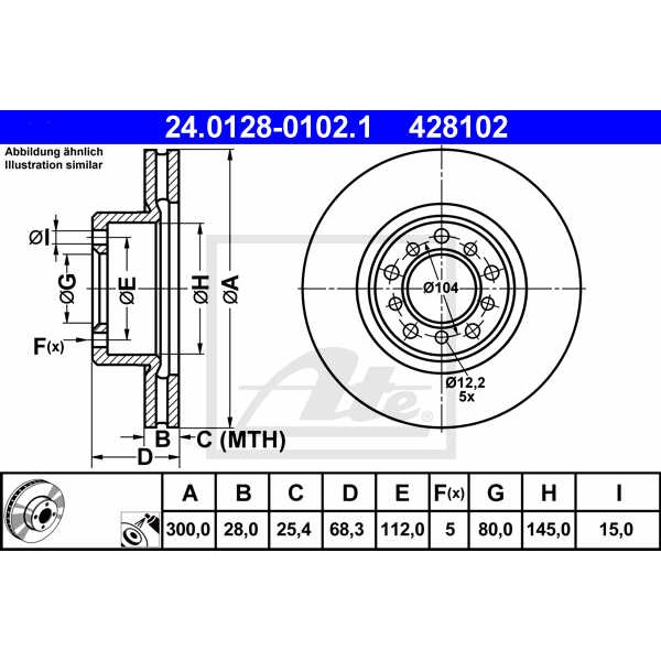 Слика на кочионен диск ATE 24.0128-0102.1 за Mercedes-Benz S-class (w126) 420 SE,SEL - 224 коњи бензин