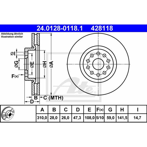 Слика на кочионен диск ATE 24.0128-0118.1 за Alfa Romeo 166 Sedan 3.2 V6 24V - 240 коњи бензин