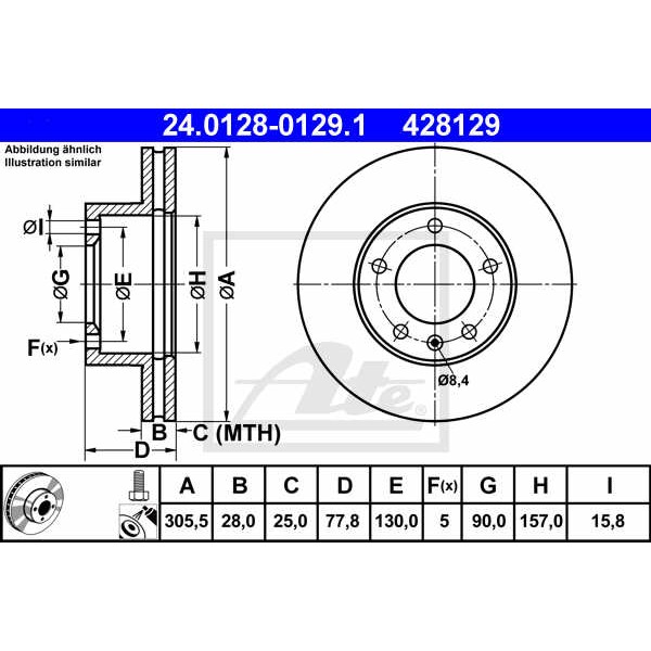 Слика на кочионен диск ATE 24.0128-0129.1 за Opel Movano Platform (U9,E9) 2.5 CDTI - 120 коњи дизел