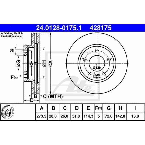 Слика на кочионен диск ATE 24.0128-0175.1 за Mazda MPV 2 (LW) 2.0 - 122 коњи бензин