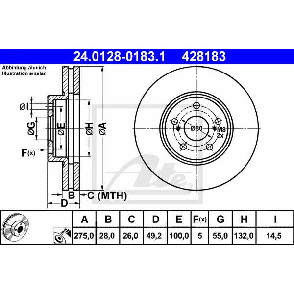 Слика на кочионен диск ATE 24.0128-0183.1 за Toyota Avensis Liftback (T22) 1.6 VVT-i - 110 коњи бензин