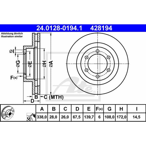 Слика на кочионен диск ATE 24.0128-0194.1 за Toyota Land Cruiser (J12) 4.0 (GRJ120) - 276 коњи бензин