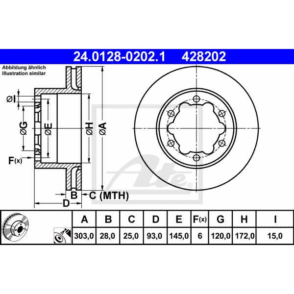 Слика на кочионен диск ATE 24.0128-0202.1 за Mercedes Sprinter 5-t Box (906) 519 CDI / BlueTEC (906.653, 906.655, 906.657) - 190 коњи дизел