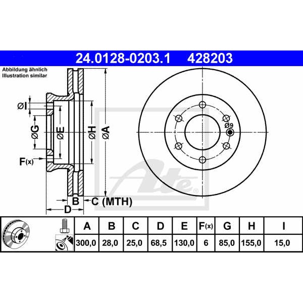 Слика на кочионен диск ATE 24.0128-0203.1 за Mercedes Sprinter 3.5-t Platform (906) 316 NGT (906.133, 906.135, 906.233, 906.235) - 156 коњи Бензин/Метан (CNG)