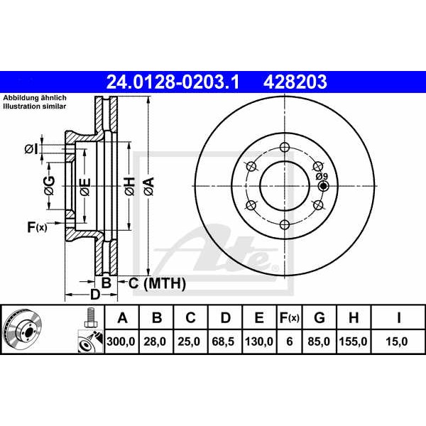 Слика на кочионен диск ATE 24.0128-0203.1 за Mercedes Sprinter 5-t Platform (906) 511 CDI 4x4 (906.135, 906.155, 906.253, 906.255) - 109 коњи дизел