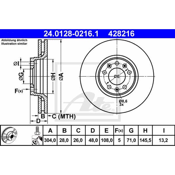 Слика на кочионен диск ATE 24.0128-0216.1 за Fiat Scudo 270 2.0 D Multijet - 120 коњи дизел