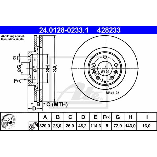 Слика на кочионен диск ATE 24.0128-0233.1 за Mazda CX-7 (ER) 2.3 MZR DISI Turbo - 258 коњи бензин