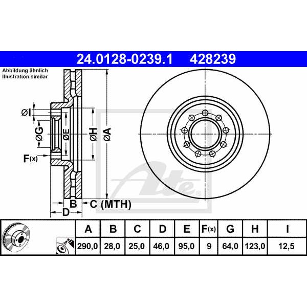 Слика на кочионен диск ATE 24.0128-0239.1 за камион Iveco Daily 2006 Platform 29L10 - 95 коњи дизел