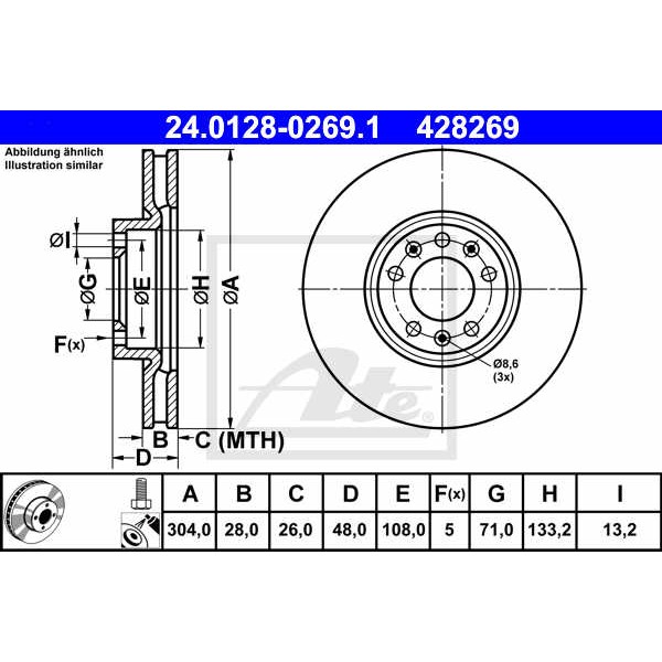 Слика на кочионен диск ATE 24.0128-0269.1 за Citroen Grand C4 Space Tourer 2.0 BlueHDi 150 - 150 коњи дизел