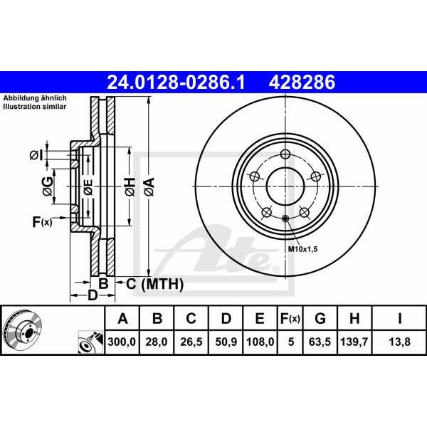 Слика на кочионен диск ATE 24.0128-0286.1 за Ford Mondeo 5 Saloon 2.0 TDCi 4x4 - 150 коњи дизел