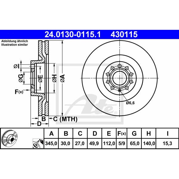 Слика на кочионен диск ATE 24.0130-0115.1 за VW EOS (1F7,1F8) 2.0 TFSI - 200 коњи бензин
