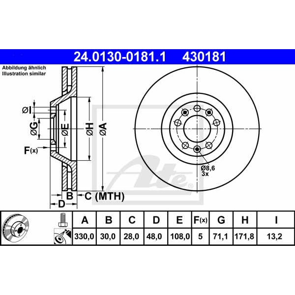 Слика на кочионен диск ATE 24.0130-0181.1 за Peugeot 607 Saloon 2.7 HDi 24V - 204 коњи дизел