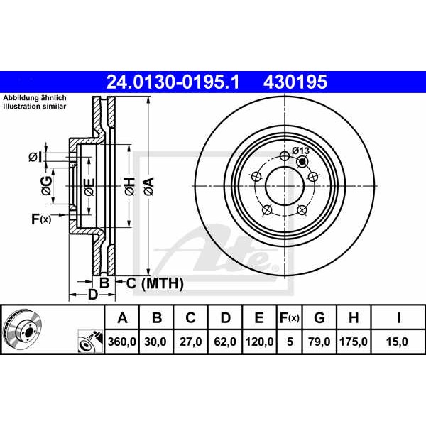 Слика на кочионен диск ATE 24.0130-0195.1 за Range Rover Sport (LS) 3.0 TD 4x4 - 249 коњи дизел