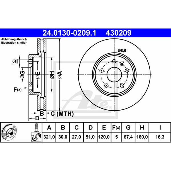 Слика на кочионен диск ATE 24.0130-0209.1 за CHEVROLET MALIBU Sedan 2.0 D - 156 коњи дизел