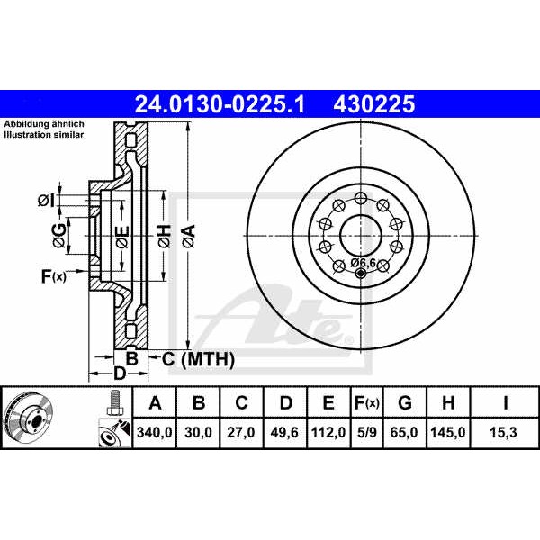 Слика на кочионен диск ATE 24.0130-0225.1 за Seat Leon SC (5F5) 1.2 TSI - 110 коњи бензин