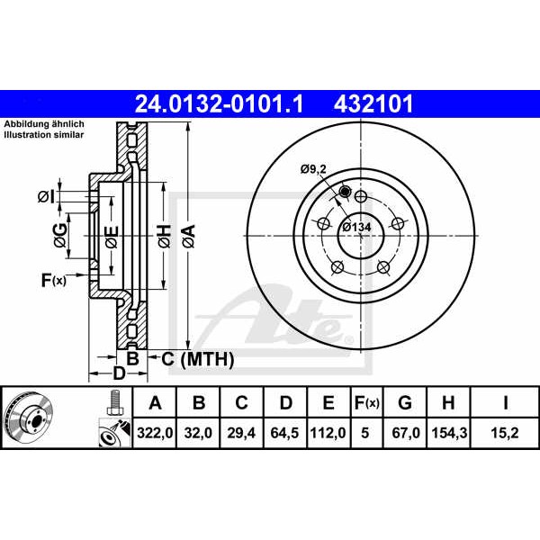 Слика на кочионен диск ATE 24.0132-0101.1 за Mercedes C-class Estate (s204) C 350 CDI (204.223) - 265 коњи дизел