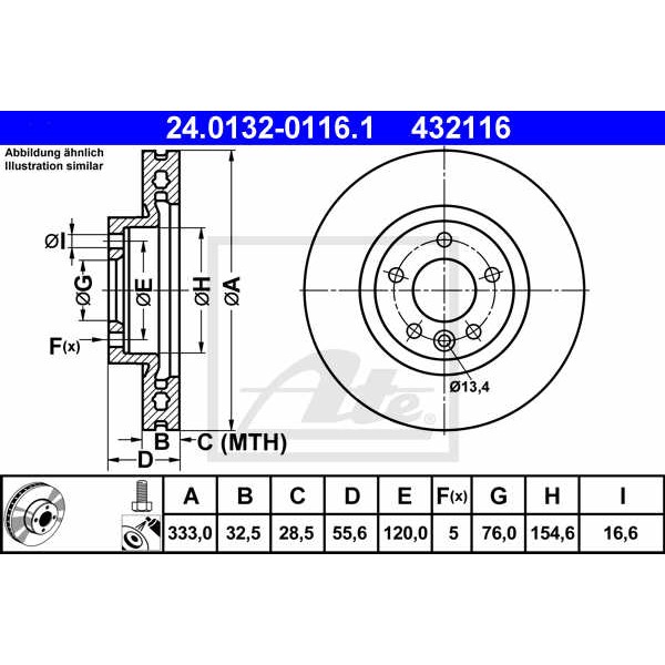 Слика на кочионен диск ATE 24.0132-0116.1 за VW Transporter T5 Box 3.2 4motion - 235 коњи бензин