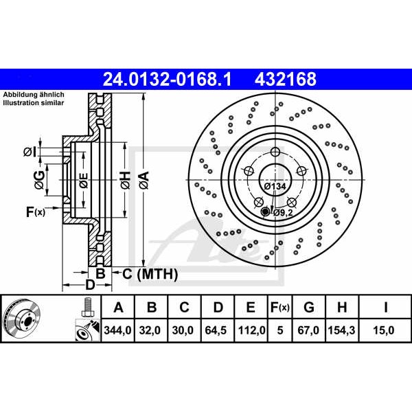 Слика на кочионен диск ATE 24.0132-0168.1 за Mercedes E-class Convertible (a207) E 400 (207.461) - 333 коњи бензин