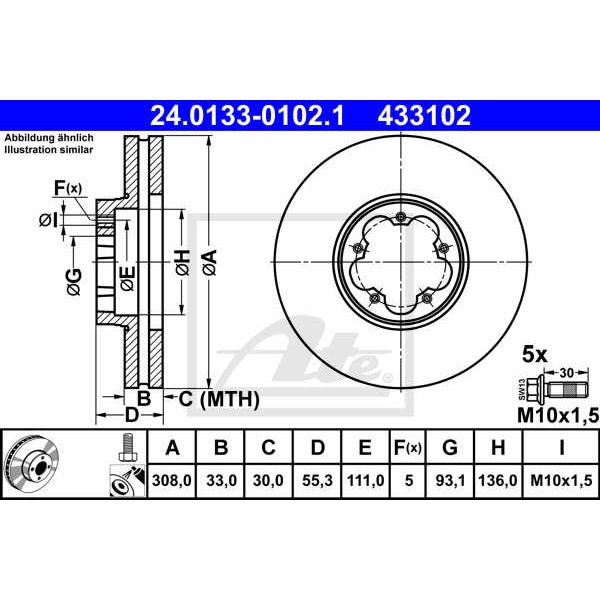 Слика на кочионен диск ATE 24.0133-0102.1 за Ford Transit Box 2014 2.2 TDCi [RWD] - 100 коњи дизел