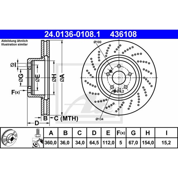 Слика на кочионен диск ATE 24.0136-0108.1 за Mercedes E-class Convertible (a207) E 500 (207.473) - 408 коњи бензин