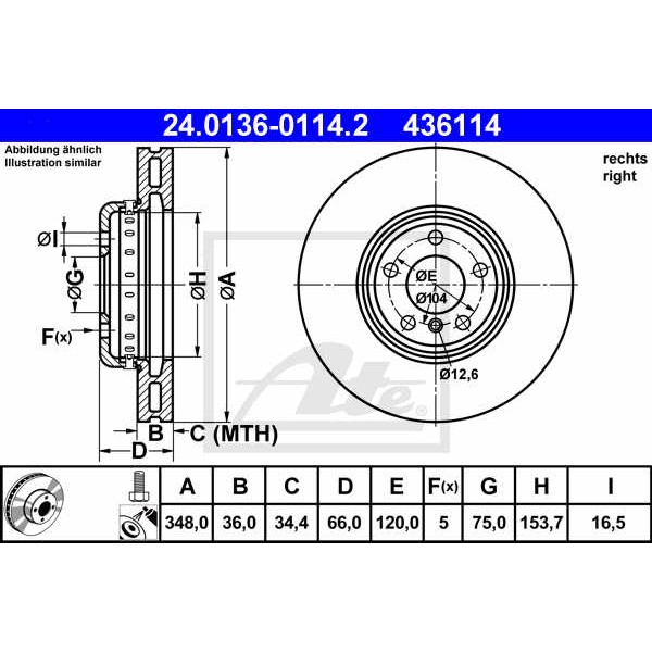 Слика на кочионен диск ATE 24.0136-0114.2 за BMW 6 Cabrio F12 640 d - 313 коњи дизел