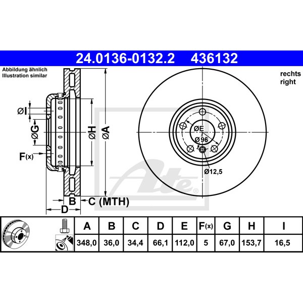 Слика на кочионен диск ATE 24.0136-0132.2 за BMW 6 Gran Turismo (G32) 630 d - 211 коњи дизел