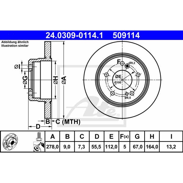 Слика на кочионен диск ATE PowerDisc 24.0309-0114.1 за Mercedes S-class Saloon (w124) 260 E 4-matic (124.226) - 160 коњи бензин