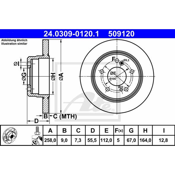 Слика на кочионен диск ATE PowerDisc 24.0309-0120.1 за Mercedes E-class Saloon (w124) E 300 D (124.131) - 136 коњи дизел