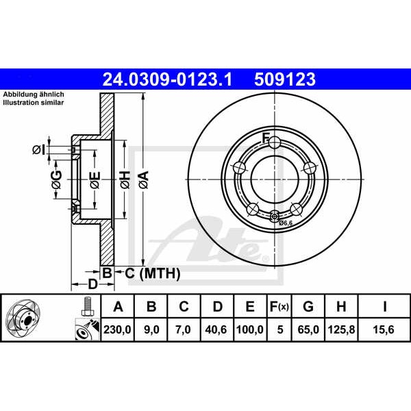 Слика на кочионен диск ATE PowerDisc 24.0309-0123.1 за Seat Ibiza 5 ST (6J8) 1.2 TSI - 110 коњи бензин