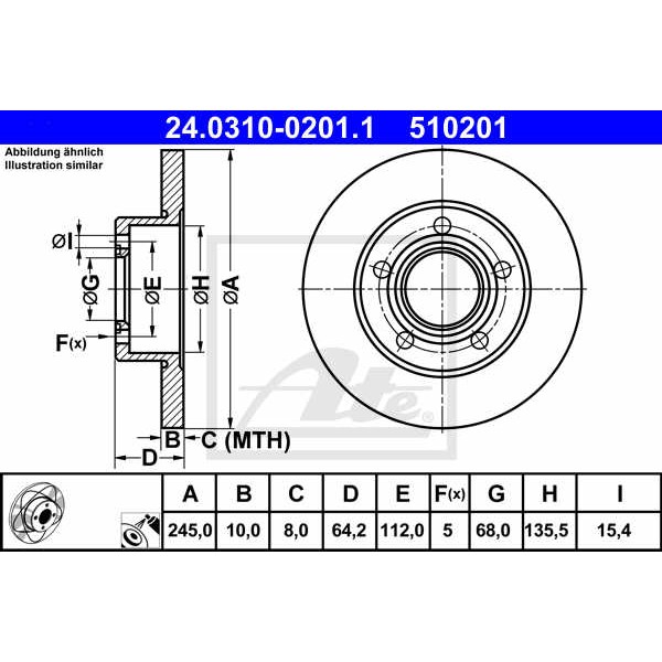 Слика на кочионен диск ATE PowerDisc 24.0310-0201.1 за Audi A6 Sedan (4A, C4) 2.0 - 100 коњи бензин