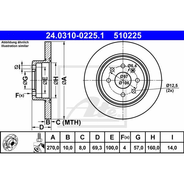 Слика на кочионен диск ATE PowerDisc 24.0310-0225.1 за Opel Vectra B Estate 1.6 i 16V - 100 коњи бензин