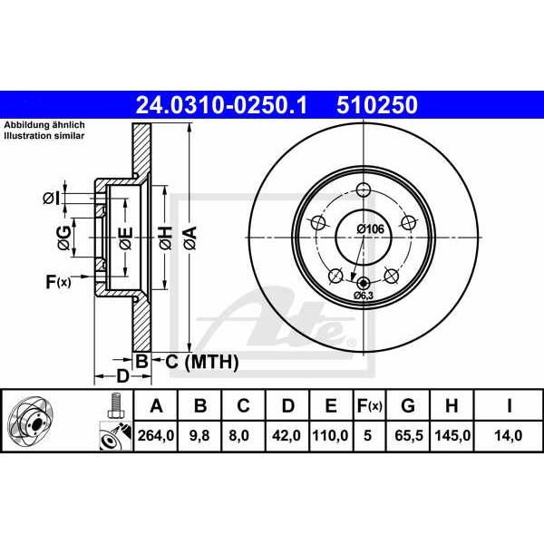 Слика на кочионен диск ATE PowerDisc 24.0310-0250.1 за Opel Astra G Hatchback 2.2 DTI - 125 коњи дизел