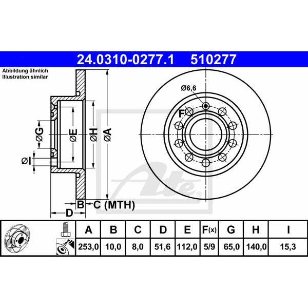Слика на кочионен диск ATE PowerDisc 24.0310-0277.1 за VW Caddy 3 Estate 1.2 TSI - 105 коњи бензин
