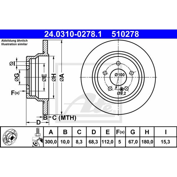 Слика на кочионен диск ATE PowerDisc 24.0310-0278.1 за Mercedes E-class Estate (s212) E 200 CDI / BlueTEC (212.205, 212.206) - 136 коњи дизел