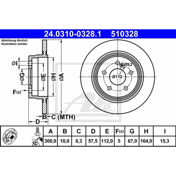 Слика на кочионен диск ATE PowerDisc 24.0310-0328.1 за Mercedes C-class Saloon (w204) C 180 CGI (204.031) - 156 коњи бензин