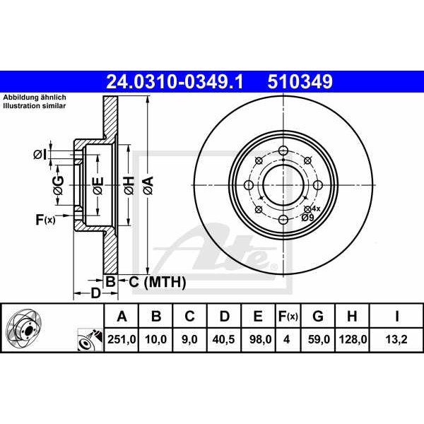 Слика на кочионен диск ATE PowerDisc 24.0310-0349.1 за Alfa Romeo MITO (955) 1.4 TB - 135 коњи бензин