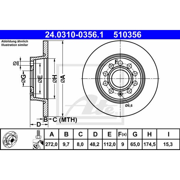 Слика на кочионен диск ATE PowerDisc 24.0310-0356.1 за Audi A1 (8X1) 1.4 TDI - 90 коњи дизел